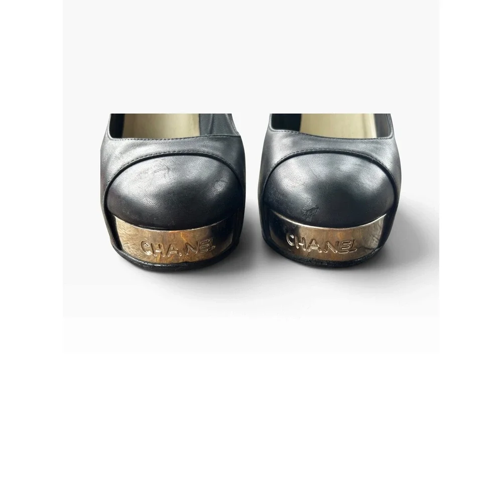 Chanel Silver Plate Platform Pumps 37.5 Black Leather Block Heel Cap Toe